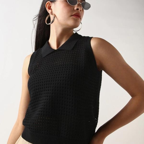 Women's Black Textured Short Top