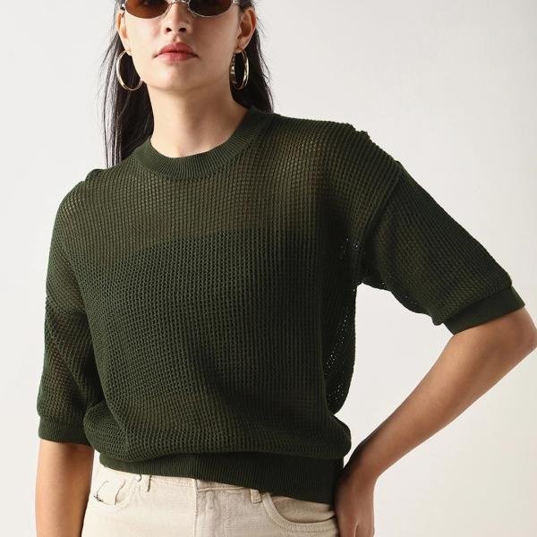 Women's Olive Green Textured Slim Fit Short Top