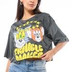 Women's Grey Trouble Maker Graphic Printed Oversized Short Top