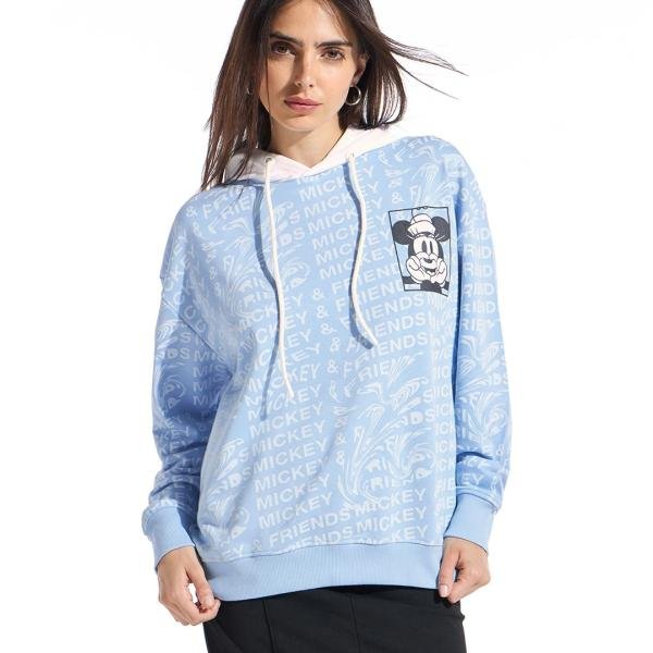 Women's Blue & White Mickey Graphic Printed Oversized Hoodie