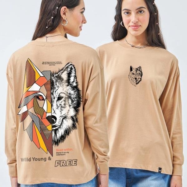 Women's Brown Beast Within Graphic Printed Oversized T-shirt