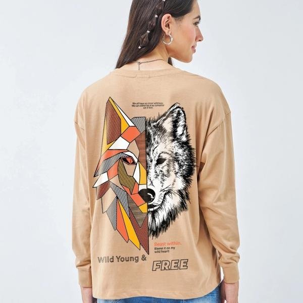 Women's Brown Beast Within Graphic Printed Oversized T-shirt