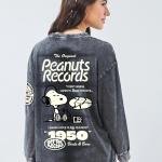 Women's Black Peanuts Records Graphic Printed Oversized Acid Wash T-shirt