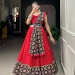 Red Color Navratri Lehenga Patola Print With Paper Mirror Work Lace Border