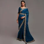 Blue Foil Printed With Embroidered Border Chinon Saree