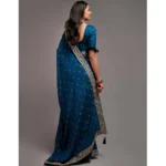 Blue Foil Printed With Embroidered Border Chinon Saree