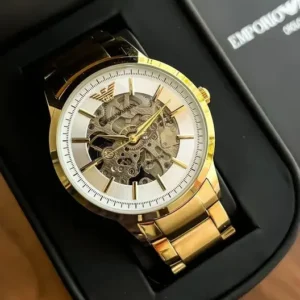 Armani Watches for Men- Emporio Armani Meccanico Gold & White Dial Automatic Men’s Watch with warranty