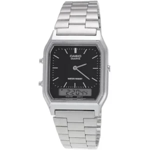 Casio AQ 230 -Vintage Watch Retro Dual Time Black Dial with Silver Strap AQ-230A-7DMQ ( Dial Size 28 mm )