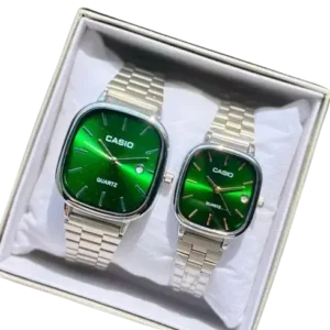 Casio Couple Watch- Quartz Classic Silver Watch with Green Dial For Men & Women