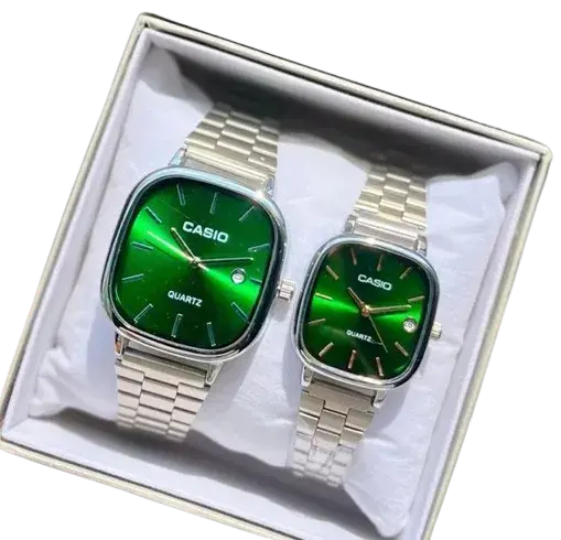 Casio Couple Watch- Quartz Classic Silver Watch with Green Dial For Men & Women