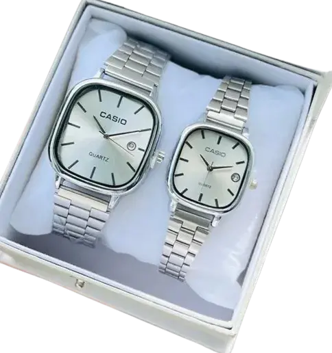 Casio Couple Watch set - Quartz Classic Silver Watch with White Dial For Men & Women