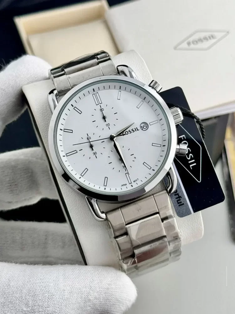Chronograph Mens watch - All Function Working model (White Dial Silver Strap)