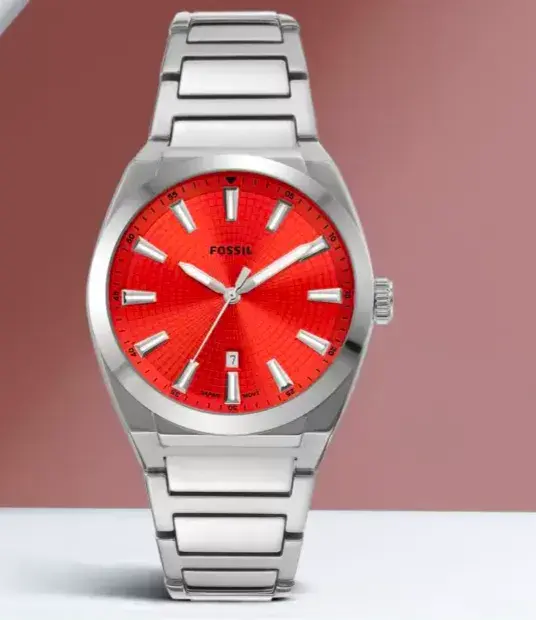 Everett Three-Hand Date Stainless Steel Watch Red Dial - FS5984