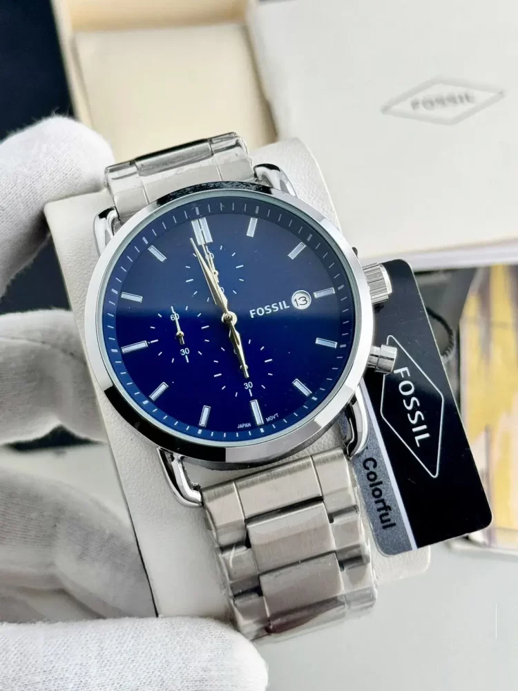 Fossil Watches for Men - All Function Working model (Blue Dial Silver Strap)