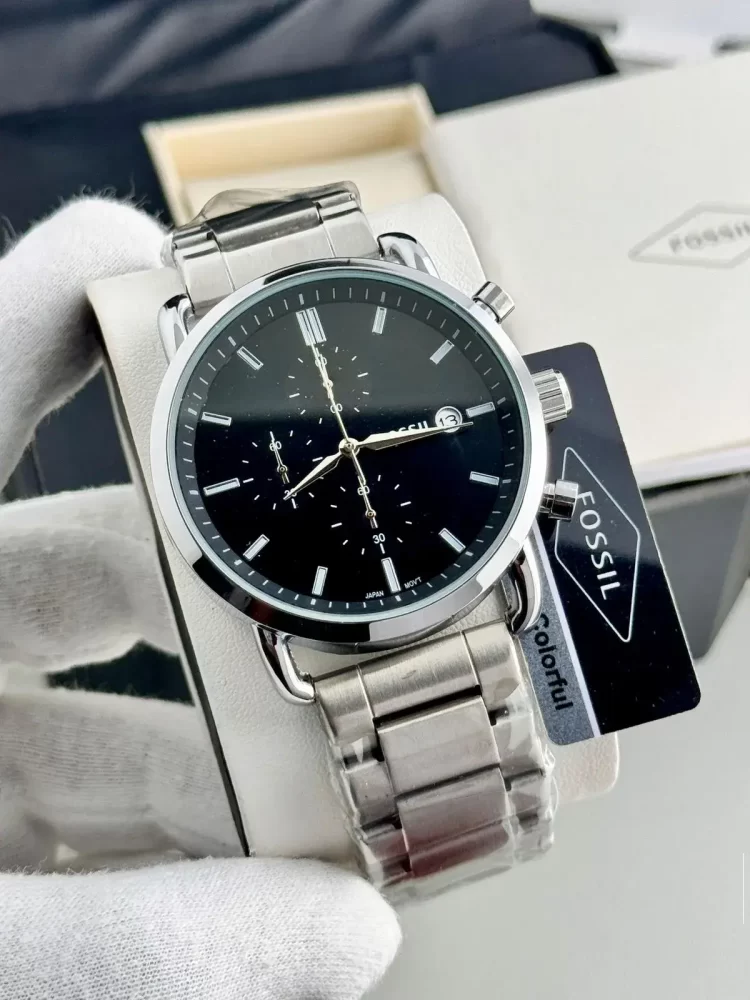 Fossil Watches for Men - All Function Working model with Black Dial & Silver Strap