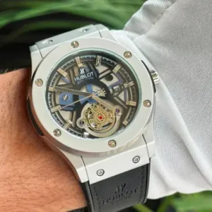 Hublot Black Watch - Leather Strap Unisex Silver Dial & Black Strap Watch