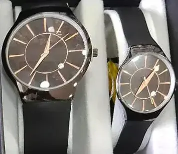 Leather Strap Analog Branded Couple Watches for Men and Women - Combo of 2