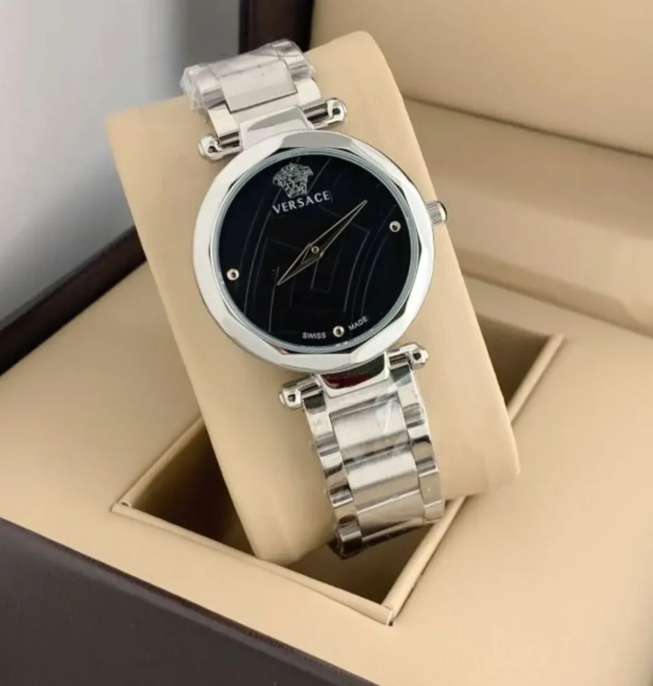 Versace Watch Diva Chain Women's Watch - Premium Quality Black Dial Silver Strap